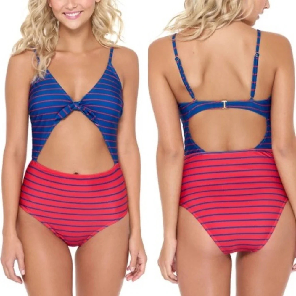 HOT WATER Fiesta Red & French Blue Stripe High-Waist Monokini XL